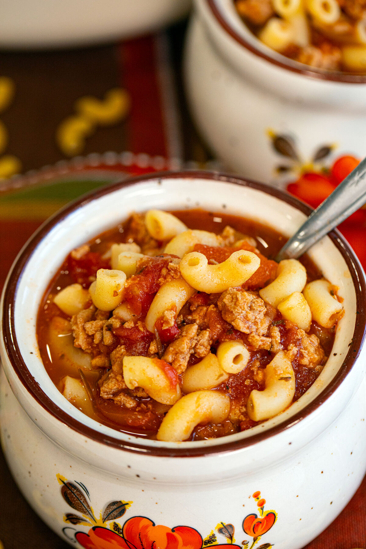 turkey Italian macaroni soup in a soup mug