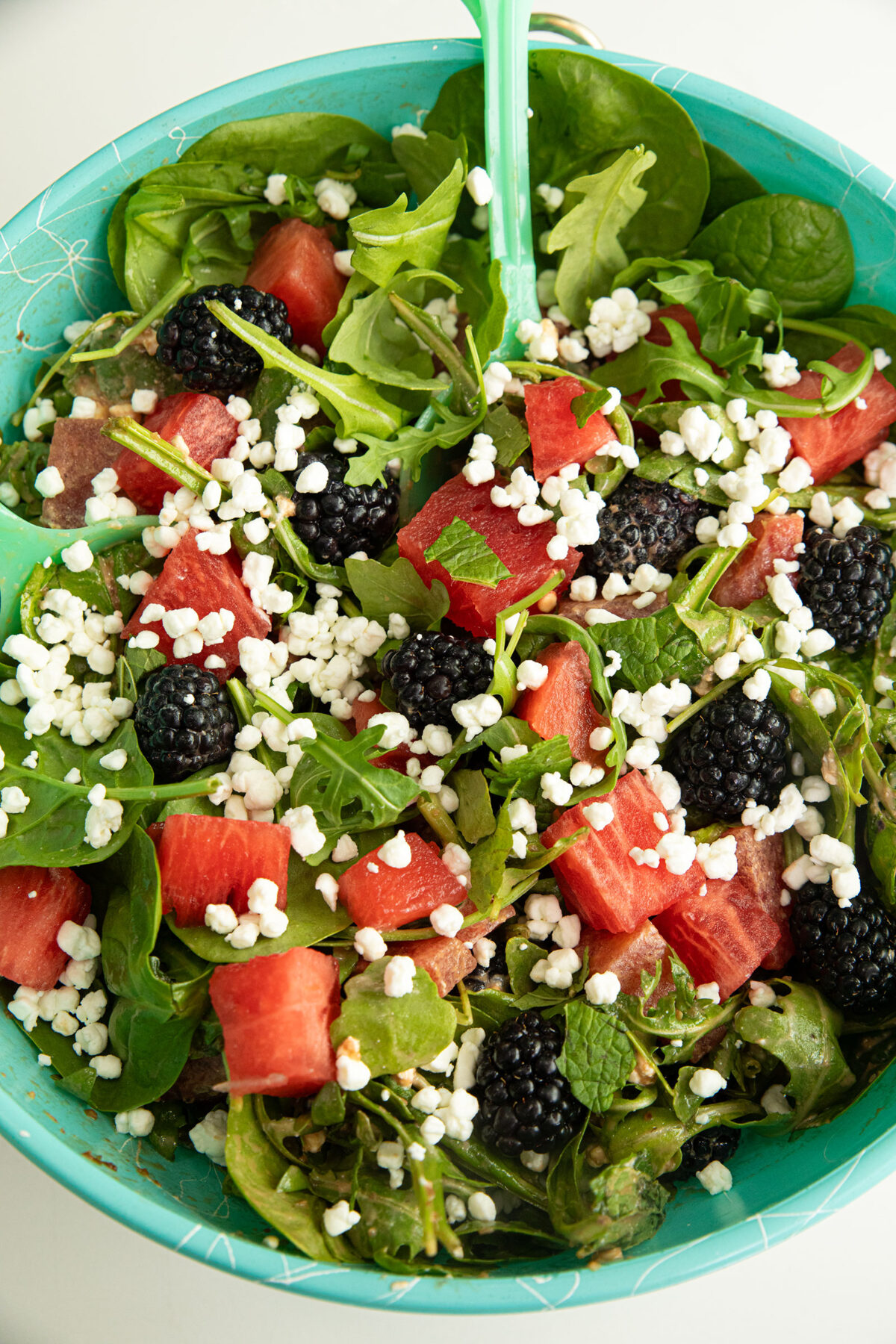 close up of the watermelon salad with feta and mint overhead view
