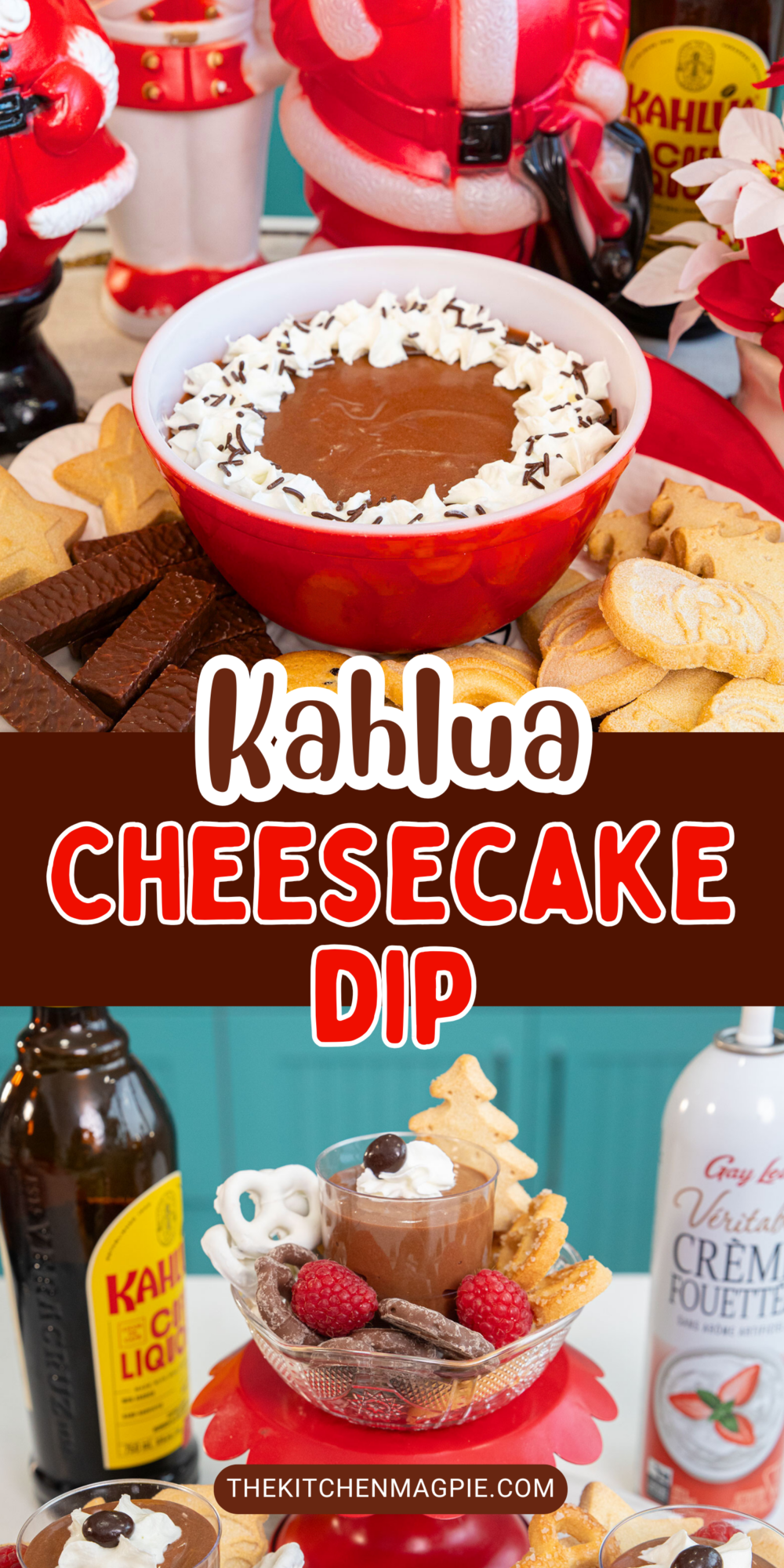 The addition of Kahlua to this chocolate cheesecake dip takes it over the edge! This dip uses only four ingredients, making it super easy to make. #thekitchenmagpie #kahlua #dessertdip